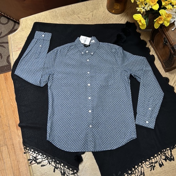 Men Chambray Button Down Shirt Long Sleeve Polka Dot - Picture 9 of 14